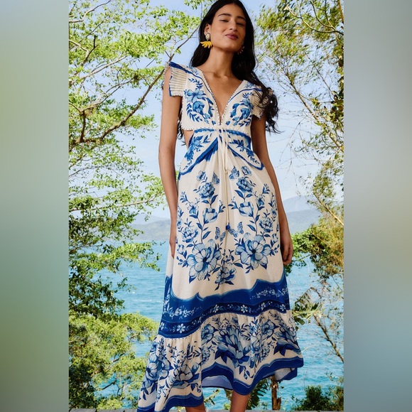 FARM Rio Dresses & Skirts - Farm Rio: Off-White Porcelain Garden Butterlfy Lenzing Midi Dress